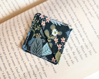 Hunter Green Floral Fabric Corner Bookmark, Handmade Page Marker, Book Lover Gift