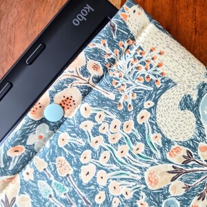 以下が含まれることがあります： 青い花柄のケースに入った黒いKobo電子書籍リーダー。ケースには薄い青色のボタンが付いている。