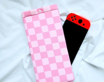 Pink Checkers Nintendo Switch Case, Padded Gaming Sleeve with Snap