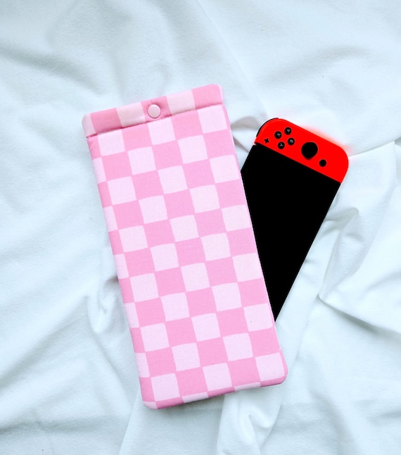 Pink Checkers Nintendo Switch Case, Padded Gaming Sleeve with Snap