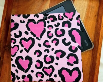 Girly Kobo Sleeve Case: Pink Leopard Hearts Padded E-reader Pouch, Multiple Fabric/Device Options