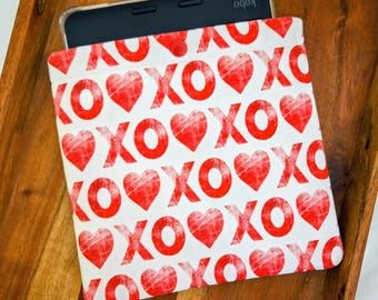 XOXO Kobo Sleeve, Padded Valentine's Day E-reader Pouch, Multiple Fabric and Device Options