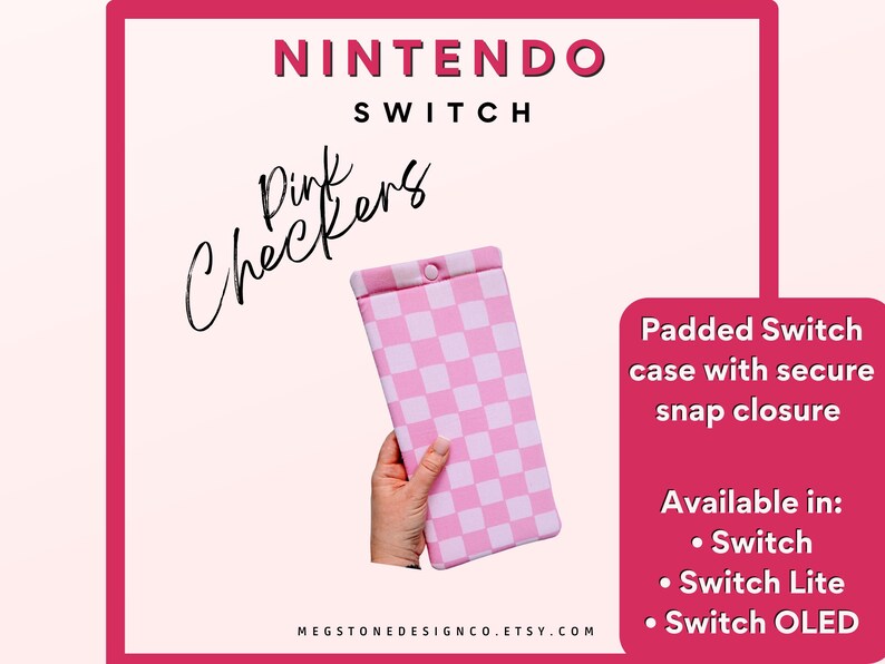 Puede incluir: Funda para Nintendo Switch a cuadros rosa y blanco con cierre de presi&oacute;n seguro. Disponible para Switch, Switch Lite y Switch OLED.
