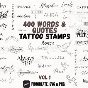 400 timbri, frasi e parole per tatuaggi Procreate | Pennelli per lettering | Stencil per tatuaggi patchwork PNG SVG | File DTF | Flash Tattoo Fine