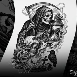 May include: Black and white illustration of the Grim Reaper holding an hourglass and a scythe. The Reaper is wearing a hooded robe and has a skull face. There are butterflies and a rose in the background.