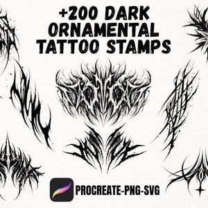 226 Pinceles Procreate Dark Ornamental tattoos | Sellos Blackwork Brutal | Flash Gótico Punzante | Plantillas Neo Tribal y Herramientas
