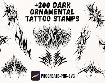 226 Dark Ornamental Tattoo Procreate Brushes | Brutal Blackwork Stamps | Gothic Spiky Flash | Neo Tribal Tattoo Stencils & Tools | Blackwork