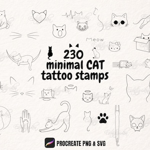 Könnte beinhalten: Eine Sammlung von 230 schwarzen Strichzeichnungen als Katzen-Tattoo-Stempel mit verschiedenen Katzenposen, Gesichtern, Pfotenabdrücken und Silhouetten. Der Text 230 minimal CAT tattoo stamps ist zentriert, mit Procreate PNG & SVG unten.