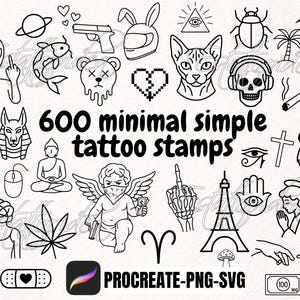 Confezione da 600 timbri per tatuaggi minimalisti – Flash Tattoos Fine Line | Pennelli per Procreate | Piccoli tatuaggi | Disegni per donne e uomini