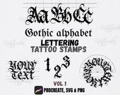 Alfabeto lettering gótico - Sellos de tatuajes | Pinceles Procreate | Caligrafía gótica | Tatuajes letras circulares | Caligrama