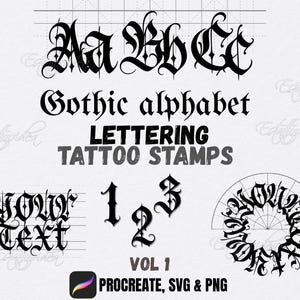 Puede incluir: Alfabeto gótico negro con letras y sellos de tatuaje. La imagen incluye el texto "Gothic alphabet", "LETTERING TATTOO STAMPS", "Your Text" y los números 1, 2 y 3. También incluye el texto "PROCREATE, SVG & PNG".