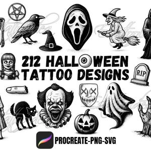 212 Sellos de tatuajes flash de Halloween | Procreate Stamps | Esténciles de Tatuajes | Diseños Espeluznantes