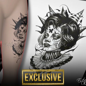 Clown Woman Tattoo Design, Lady Face Tattoo, Woman Face Tattoo, Horror Tattoo, Dark Tattoo, Tattoo Ideas
