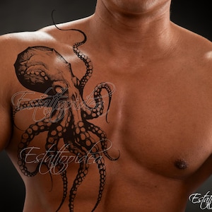 May include: A black and white octopus tattoo design on a person's chest.