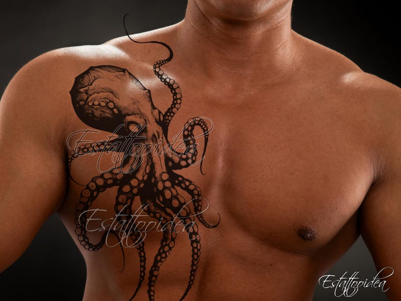 May include: A black and white octopus tattoo design on a person's chest.