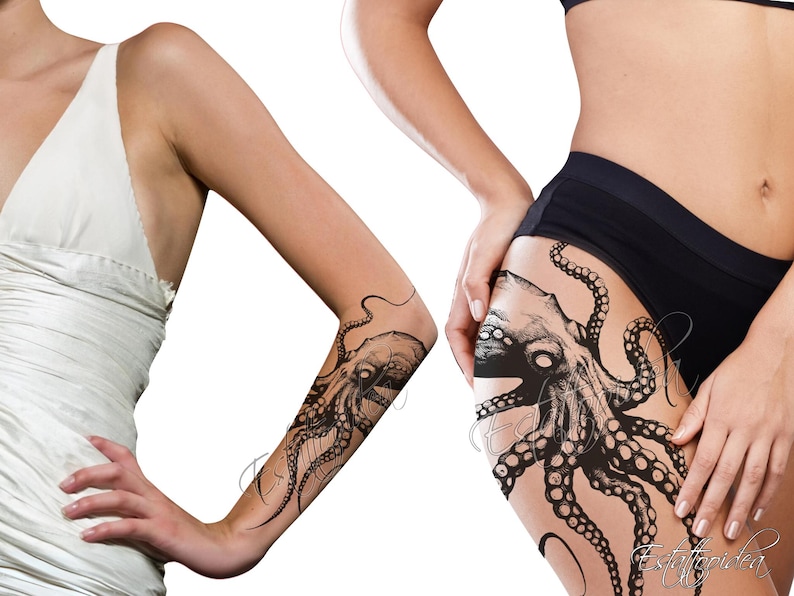 May include: Two black and white octopus tattoos, one on a person's arm and one on a person's thigh.
