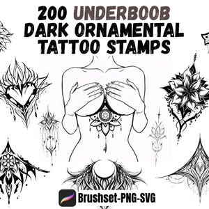 Könnte beinhalten: Schwarz-weiße digitale Kunst mit 200 dunklen, ornamentalen Tattoo-Stempeln. Das Bild zeigt verschiedene Designs, darunter florale, geometrische und abstrakte Muster, mit dem Text "200 UNDERBOOB DARK ORNAMENTAL TATTOO STAMPS".