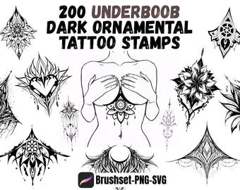 以下が含まれることがあります： 200個のダークオーナメントタトゥーのスタンプが描かれた白黒のデジタルアート。画像には、花柄、幾何学模様、抽象模様など、さまざまなデザインが含まれており、「200 UNDERBOOB DARK ORNAMENTAL TATTOO STAMPS」という文字が書かれています。