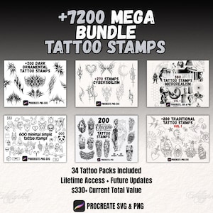 May include: A digital collection of 7200 tattoo stamps featuring various styles including dark ornamental, cybersigilism, microrealism, minimal simple, Chicano, and traditional designs. The bundle includes 34 packs in Procreate, SVG, and PNG formats.