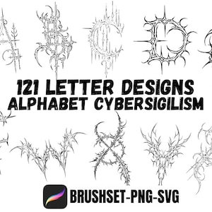 121 Cybersigilism Letter Tattoo Pack | Procreate Stamps | Procreate Brushes | Alphabet & Lettering Designs | Neo Tribal Blackwork