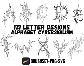 Op de afbeelding: Zwart-wit digitale kunst met 121 letterontwerpen in alfabetstijl. De letters hebben een gotische, stekelige esthetiek. Tekst luidt "121 LETTER DESIGNS ALPHABET CYBERSIGILISM" en "BRUSHSET-PNG-SVG".