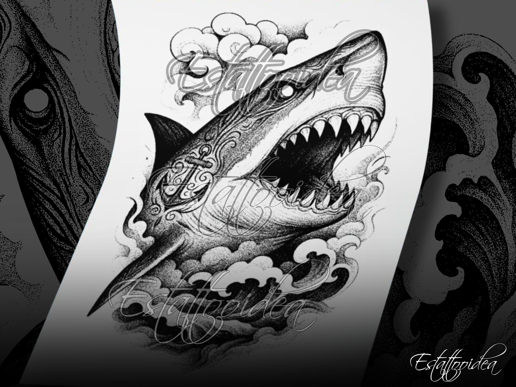 Tatuaje tiburón | Diseño de tatuaje de tiburón | Dark tattoo | Ilustración  de tiburón | Tatuajes para hombres | Tatuaje Media manga | SVG - Etsy México, image size:2048x1536