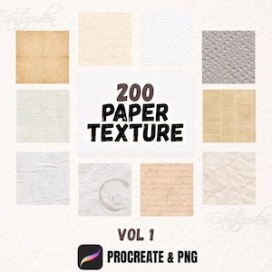 May include: An image showcasing a collection of paper textures. The central text reads "200 PAPER TEXTURE" with "VOL 1" and "PROCREATE & PNG" below. Various paper samples are arranged around the text, including textured, crumpled, and patterned designs.