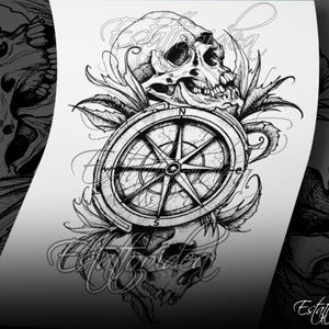 May include: Black and white illustration of a compass with a skull and floral design. The compass has a traditional design with a rose and a skull.