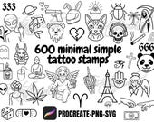 Pack 600 Sellos Tatuajes Minimalistas – Flash Tattoos Línea Fina | Pinceles Procreate | Tatuajes Pequeños | Diseños para Mujer y Hombre