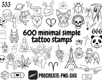 Pack 600 Minimalist Tattoo Stamps Bundle – Fine Line Flash tattoo stencils | Tiny Procreate Brushes | Small tattoos | Flash for Women & Men