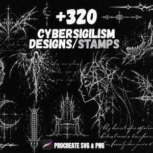 Peut inclure: Une collection de 320 motifs et tampons cybersigilism blancs sur fond noir. L'art numérique présente des motifs complexes, pointus et en forme de toile, incluant des silhouettes, un trône, un croissant de lune et une croix, avec le texte Procreate SVG et PNG.