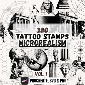 Puede incluir: Una colección de arte digital con 380 sellos de tatuajes en estilo microrealismo. La imagen muestra varias figuras clásicas e históricas, elementos arquitectónicos y diseños geométricos. El texto dice "380 Tattoo Stamps Microrealism Vol 1 Procreate, SVG & PNG."