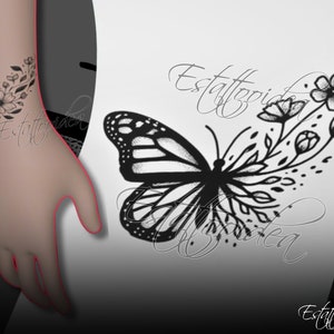 Halb Schmetterling, halb Blume Tattoo-Design - Florales Schmetterlingstattoo - Minimalistisches Schmetterlingstattoo - Digitaler Download