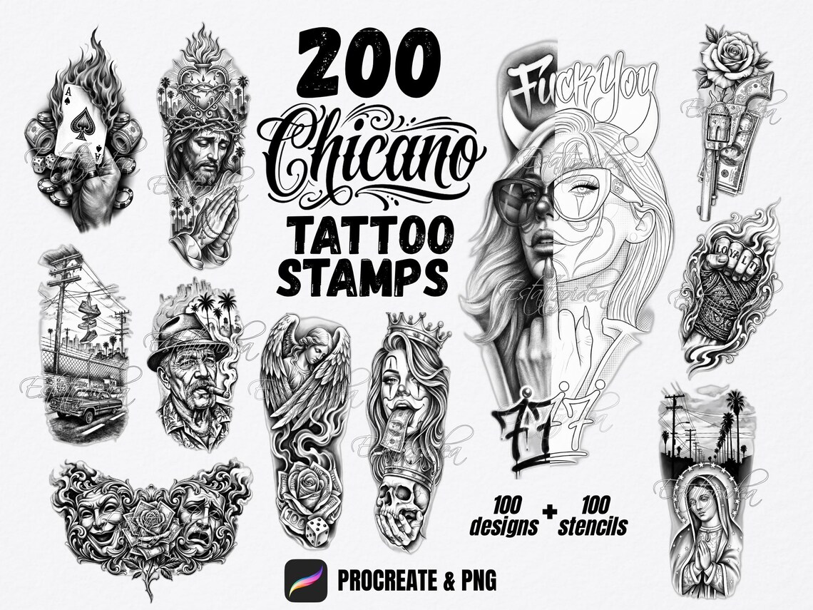 200 Chicano Tattoo Procreate Stamps | Flash Stencil Pack | Procreate ...