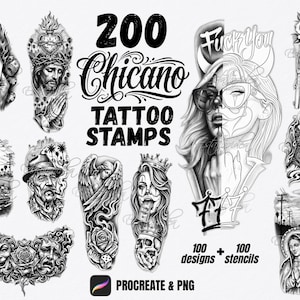200 Chicano Tattoo Procreate Stamps | Flash Stencil Pack | Procreate Brush Set