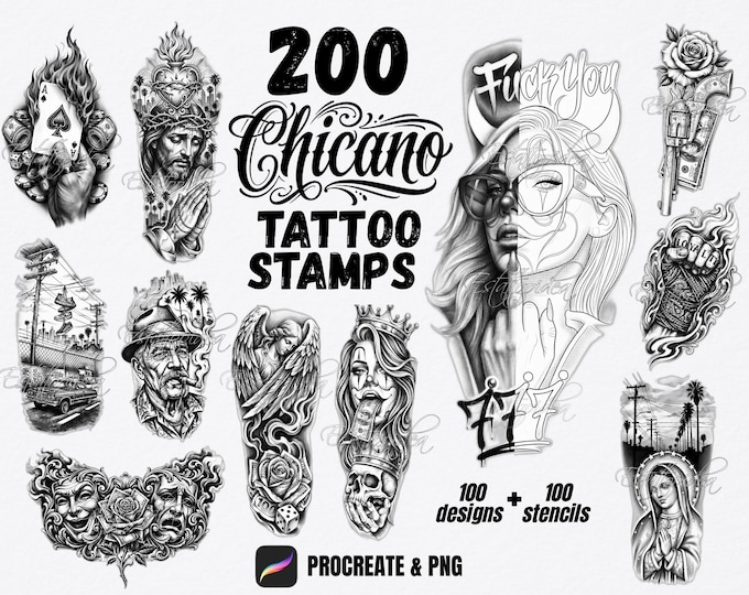 200 Chicano Tattoo Procreate Stamps | Flash Stencil Pack | Procreate ...