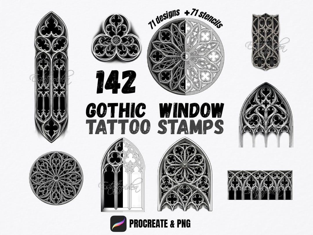 142 Gothic Window Tattoo Procreate Stamps | Cathedral Frames | Gothic ...