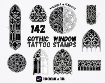 Tatuajes Ventanas Góticas Sellos Procreate | Marcos Catedral | Pack Stencil Ornametal Gótico