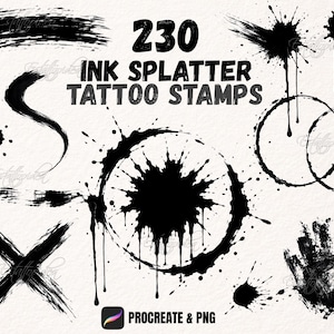 Peut inclure: Une collection de 230 tampons de tatouage en forme d'éclaboussures d'encre noire comprenant des traits de pinceau, des cercles, des gouttes, une croix et une empreinte de main. Le texte 230 INK SPLATTER TATTOO STAMPS et PROCREATE & PNG est visible.