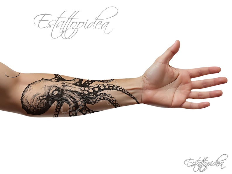 May include: A black and white tattoo design of an octopus on a person's arm. The octopus is drawn in a realistic style with detailed tentacles and suckers.