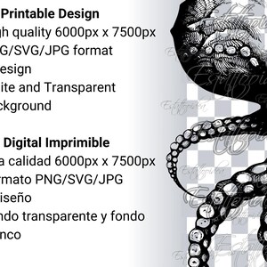 May include: Black and white digital illustration of an octopus with tentacles. The image has a transparent background and is available in PNG, SVG, and JPG formats. The image is 6000 pixels by 7500 pixels.