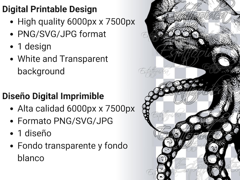 May include: Black and white digital illustration of an octopus with tentacles. The image has a transparent background and is available in PNG, SVG, and JPG formats. The image is 6000 pixels by 7500 pixels.