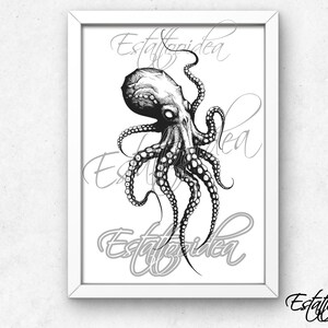 May include: Black and white line art print of an octopus with eight tentacles. The print is framed in a white frame.