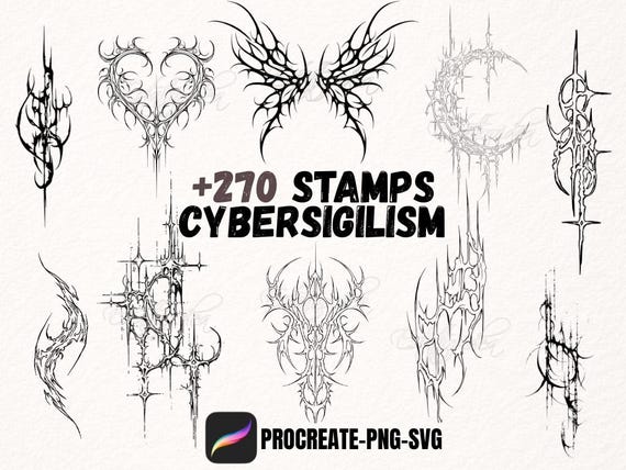 Pack 277 Diseños de tatuaje de cybersigilismo | Sellos procreate | Tatuaje tribal | Ideas de tatuajes | Plantillas de tatuajes |  Neo Tribal