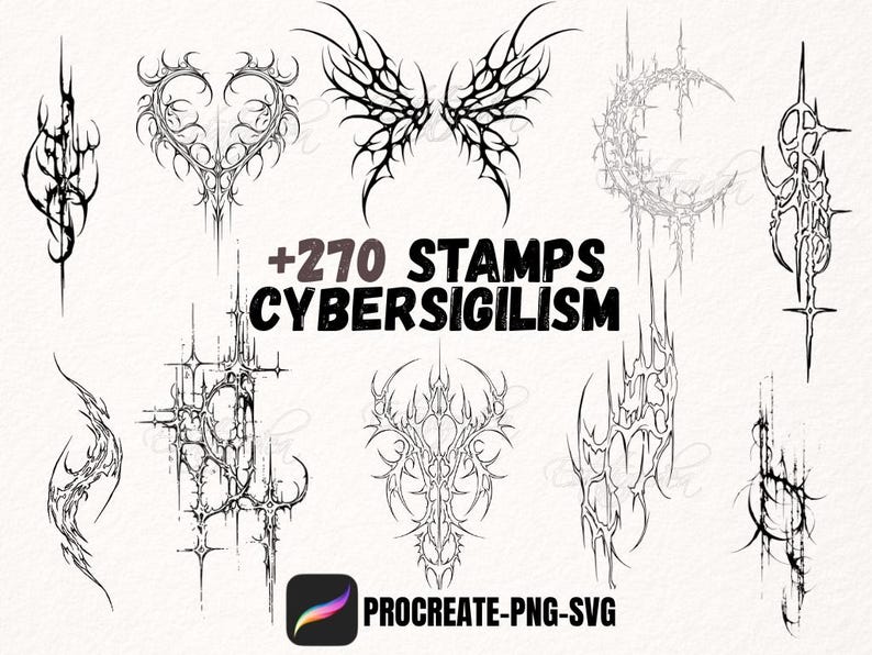 Pakket van 277 Cybersigil-tatoeageontwerpen | Procreate-zegels | Tribal-tatoeages | Tatoeage-ideeën | Tatoeagesjablonen | Neo-tribal afbeelding 1