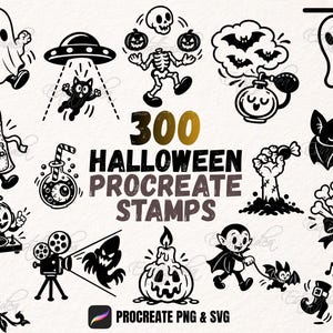 May include: A collection of 300 black and white Halloween-themed digital stamps featuring ghosts, skeletons, pumpkins, bats, a vampire, a UFO, and various spooky icons. The text reads 300 HALLOWEEN PROCREATE STAMPS and PROCREATE PNG & SVG.