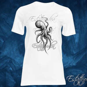 May include: White t-shirt with a black and white illustration of an octopus with the text "Estattoidea" above and below the octopus.