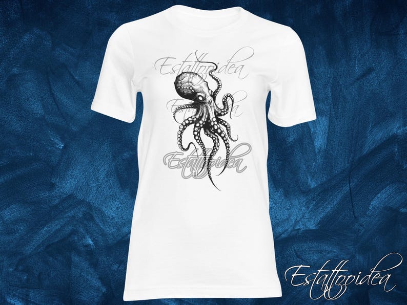 May include: White t-shirt with a black and white illustration of an octopus with the text "Estattoidea" above and below the octopus.