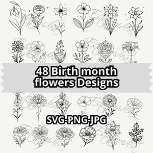 Tatuajes Flores de Nacimiento | 48 Diseños | Tatuaje flor de cumpleaños | Tatuaje de flor del mes de nacimiento | Todos los meses | SVG
