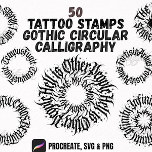 50 Gothic Circular Calligraphy Tattoo Stamps for Procreate | Dark Blackwork Calligram Phrases | Ornamental Round Text Brushset